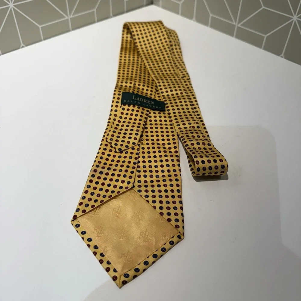 Vintage Polo Ralph Lauren‎ 100% Silk Tie Gold Purple Geometric Hand Made USA